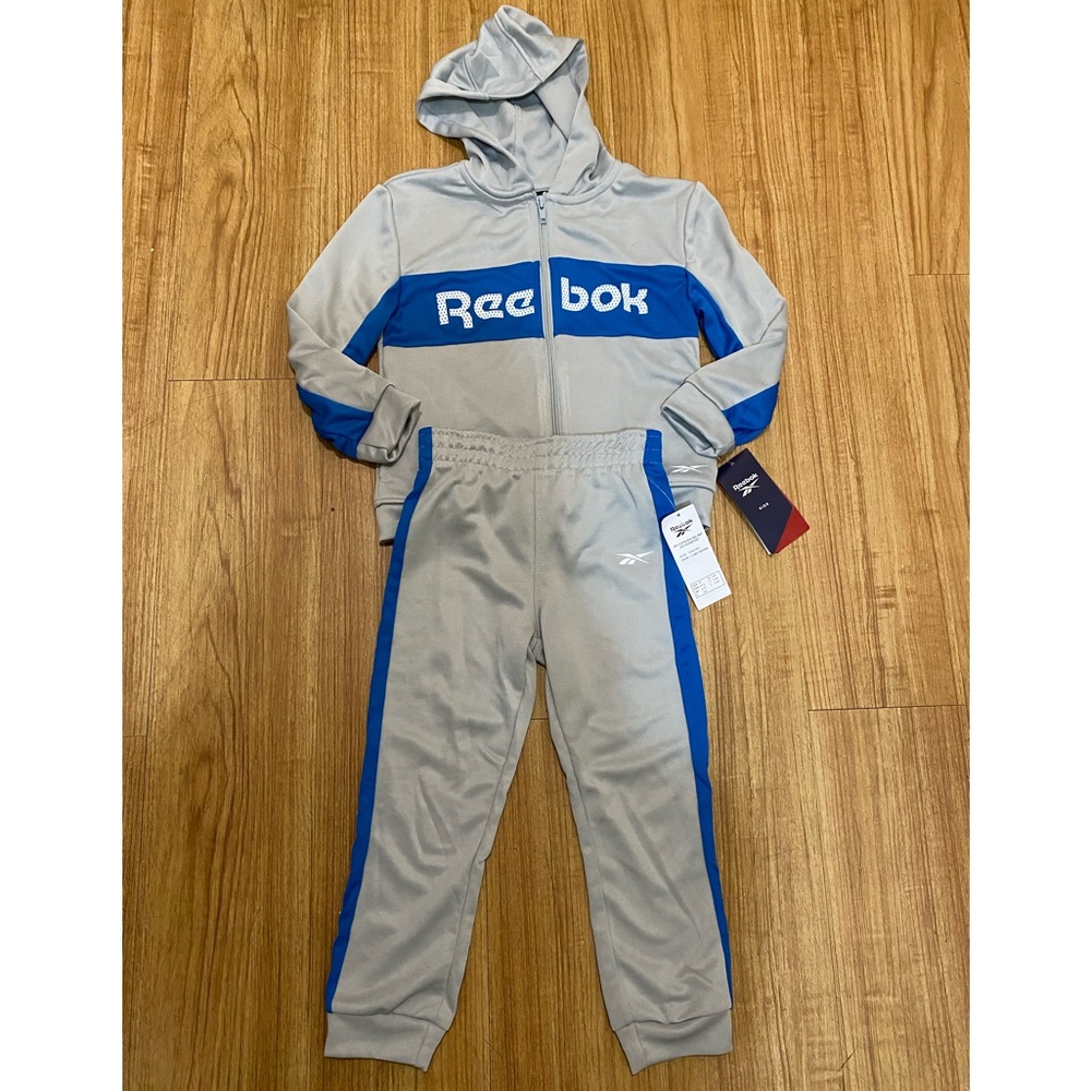Reebok Boy's Jogger Athletic Track Set Size 4 4T Gray/Blue Jacket Pant Set NWT